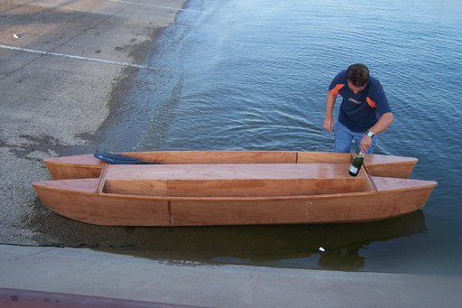 two canoe's made into a catamaran with a bolt on frame